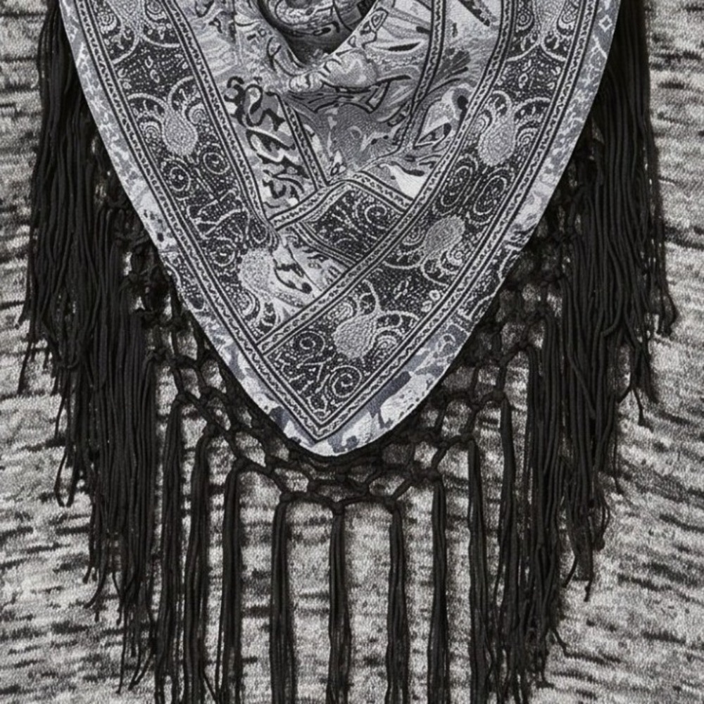 One World Fringe Scarf Top Womens Medium Gray Marled‎ Knit Boho Paisley Pullover - Picture 7 of 9